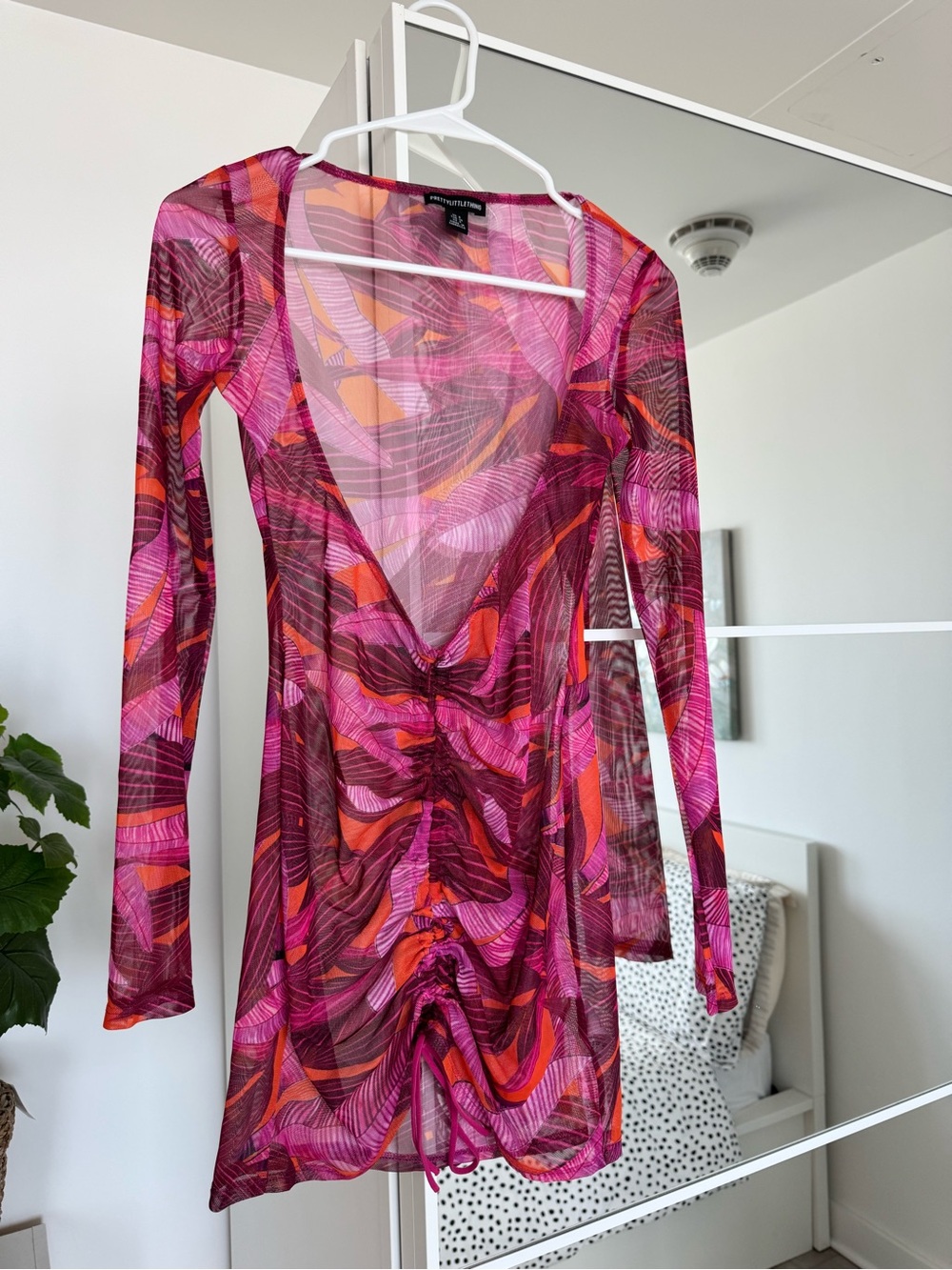 Pink Abstract Leaf Print Ruched Mesh Long Sleeve Mini Dress.